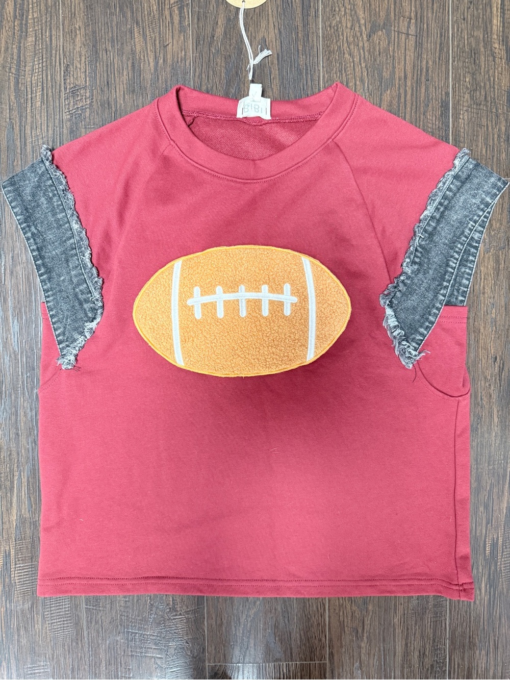 NWT BIBI DARK RED MARION WINE BURGUNDY CAP BLACK DENIM SLEEVE FOOTBALL TOP